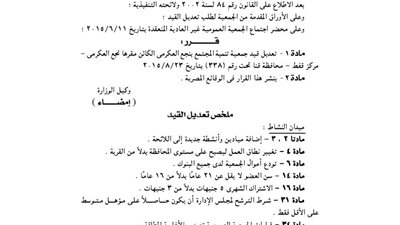 تعديل لائحة تنمية المجتمع بنجع العكرمى بمحافظة قنا