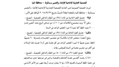 تعديل لائحة الجمعية التعاونية الإنتاجية للإنشاء والتعمير بسمالوط