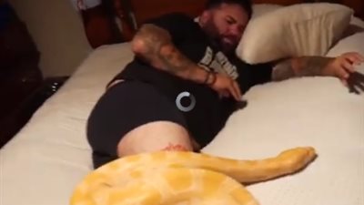 رد فعل رجل وجد ثعبانا ضخما فوقه أثناء نومه (فيديو)