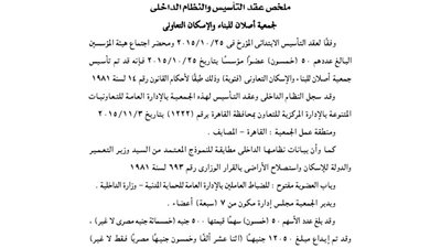 ملخص عقد تأسيس جمعية أصلان للإسكان بالقاهرة