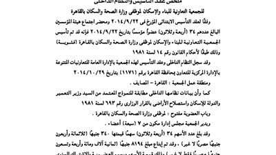 ملخص عقد جمعية الإسكان لموظفي وزارة الصحة والسكان بالقاهرة