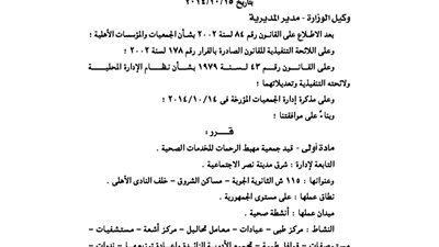 قيد جمعية مهبط الرحماتى للخدمات الصحية بالقاهرة