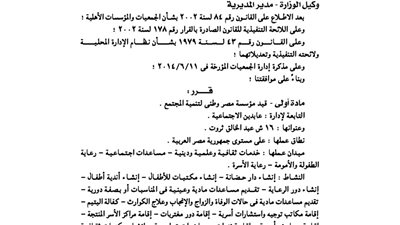 قيد مؤسسة مصر وطني لتنمية المجتمع