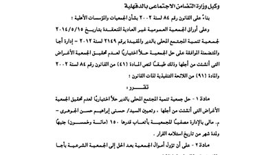 حل جمعية بالدقهلية لعدم تحقيق أغراضها