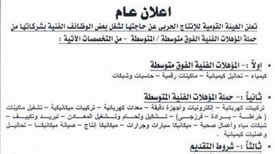 «القومية للإنتاج الحربي» تعلن عن وظائف خالية