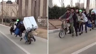سوبر موتوسيكل يحمل 7 أشخاص وثلاجة في مشهد صادم (فيديو)