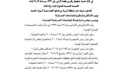 اعتماد تقسيم قطعة أرض مخصصة للجمعية التعاونية للعاملين بديوان عام محافظة أسيوط