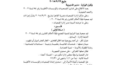 قيد جمعية زهراء الترابين لتنمية المجتمع بالقاهرة