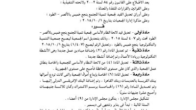 تعديل قيد لائحة جمعية التنمية بنجع خميس بالأقصر