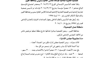 ملخص عقد تأسيس الجمعية الإنتاجية لصناعة الملابس بسنورس