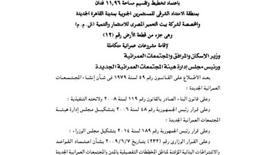 اعتماد تخطيط وتقسيم 11 فدانا بالقاهرة الجديدة لصالح شركة بيت العمير المصرى