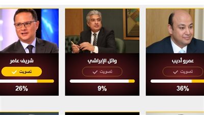 عمرو أديب يتصدر استفتاء فيتو كأفضل مذيع في 2017 وعامر ثانيًا