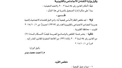 قيد ملخص النظام الأساسي لجمعية أبناء وادي النيل للخدمات الاجتماعية