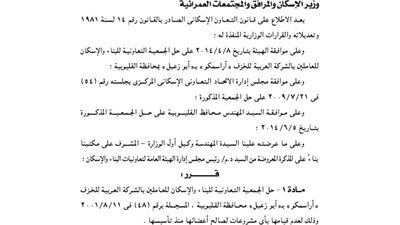 حل الجمعية التعاونية للعاملين بالشركة العربية للخزف