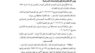 حل الجمعية التعاونية للبناء للعاملين ببنك مصر فرع بنى سويف