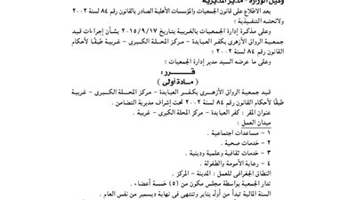 قيد جمعية الرواق الأزهرى بكفر العبايدة