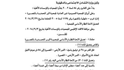 تعديل لائحة جمعية البر المحمدية بالمنصورة