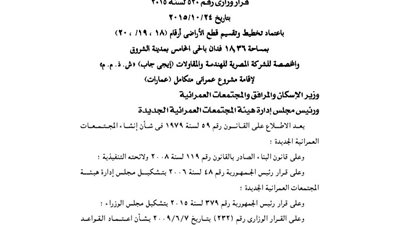 اعتماد تقسيم 18 فدانًا بمدينة الشروق لصالح الشركة المصرية للهندسة