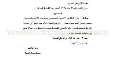 الداخلية تأذن لــ 88 مصريا بالتجنس بجنسيات أخرى
