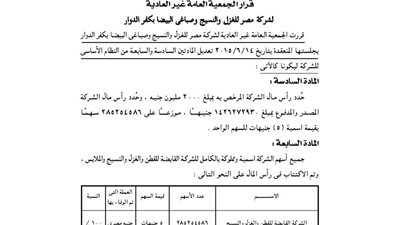 قرارات الجمعية العمومية لشركة الغزل والنسيج بكفر الدوار