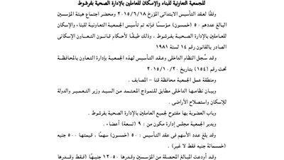 ملخص تأسيس الجمعية التعاونية للعاملين بالإدارة الصحية بفرشوط