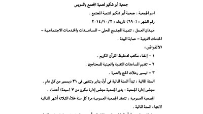 ملخص قيد جمعية أبو شيكو لتنمية المجتمع بالسويس