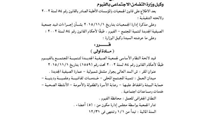 قيد لائحة الجمعية الصيفية الجديدة لتنمية المجتمع بالفيوم