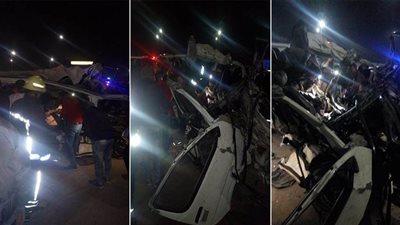 مصرع ١٠ أشخاص وإصابة ٥ في تصادم سيارتين بطريق المطار | صور