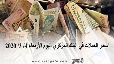 اسعار العملات في البنك المركزي اليوم الأربعاء 4/ 3/ 2020