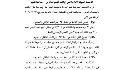 ملخص تعديل عقد تأسيس الجمعية الإنتاجية لنقل الركاب بالفيوم