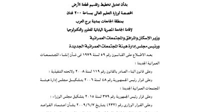 تعديل تخطيط 200 فدان مخصصة لوزارة التعليم العالى ببرج العرب