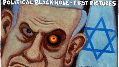 الثقب الأسود الحقيقي.. كاريكاتير لـ«جارديان» عن رأس الشر الإسرائيلي