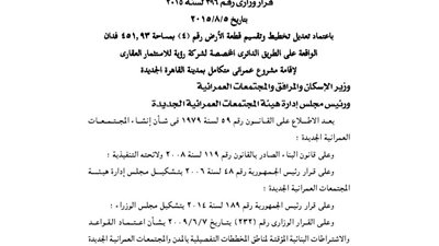 تعديل تخطيط قطعة أرض بالطريق الدائرى لصالح شركة رؤية للاستثمار