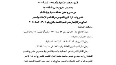 قرار تقسيم المنطقة ج بتعديل مخطط هضبة زهراء المقطم