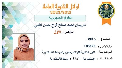 بطلة من نور.. ناريمان أحمد صالح فرج الأولى على الثانوية العامة للحالات الخاصة 