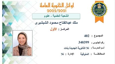  ملك عبد الفتاح محمود.. الأولى على الجمهورية شعبة علمي علوم بمجموع 402 درجة 