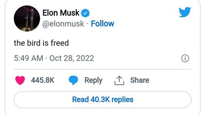 من 3 كلمات.. أول تغريدة لـ إيلون ماسك بعد استحواذه على تويتر 