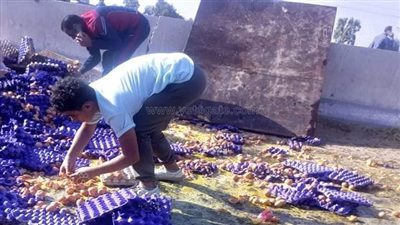 انقلاب سيارة محملة بالبيض على طريق طنطا -المحلة