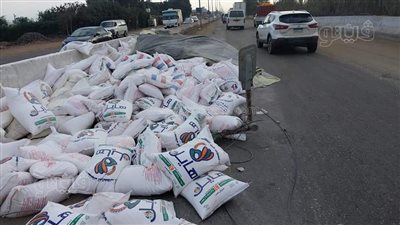 انقلاب سيارة محملة بالدقيق في مدخل بسيون بالغربية 