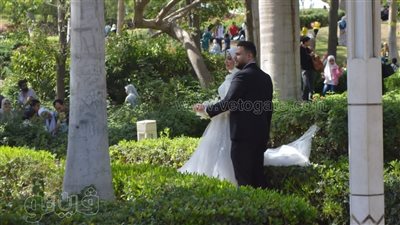 عروسان يحتفلان بزفافهما بحديقة الأزهر (صور)