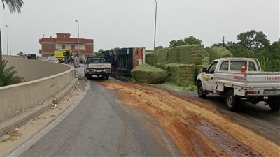انقلاب سيارة نقل ثقيل محملة بعلف الحيوانات أعلى كوبرى الفردان بالإسماعيلية (صور)  
