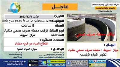 انقطاع المياه عن قرية منقباد بأسيوط لمدة 5 ساعات لتطهير البيارة الرئيسية