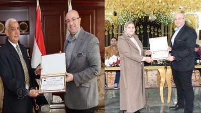 محافظ بني سويف يكرم وكيل الشؤون القانونية ورئيس العمال لبلوغهما سن المعاش