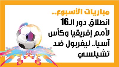 مباريات الأسبوع، انطلاق دور الـ16 لأمم إفريقيا وكأس آسيا.. ليفربول ضد تشيلسي (إنفوجراف)