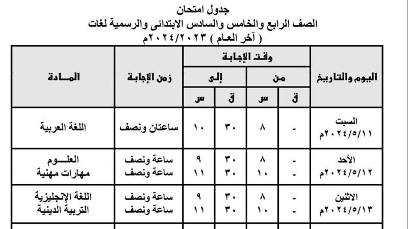 جدول امتحانات النقل