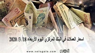 اسعار العملات اليوم | اسعار العملات في البنك المركزي اليوم الأربعاء 18/ 3/ 2020
