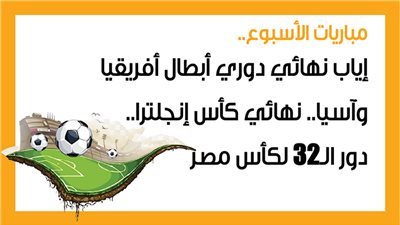 مباريات الأسبوع، إياب نهائي دوري أبطال أفريقيا وآسيا.. نهائي كأس إنجلترا.. دور الـ32 لكأس مصر (إنفوجراف)