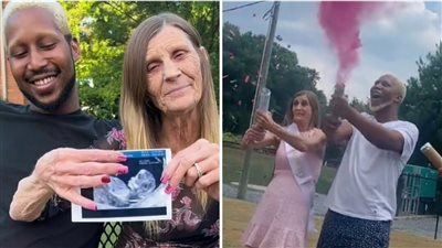  ستينية تحتفل مع زوجها العشريني بمعرفة جنس طفلهما