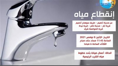 غدا.. قطع المياه عن مدينة أخميم بسوهاج ٦ ساعات 