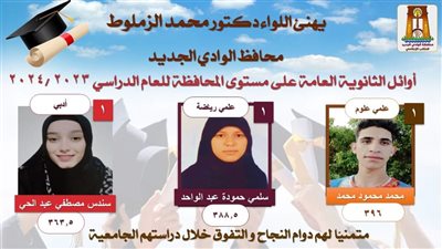 محافظ الوادي الجديد يهنئ أوائل الثانوية العامة على مستوى المحافظة 